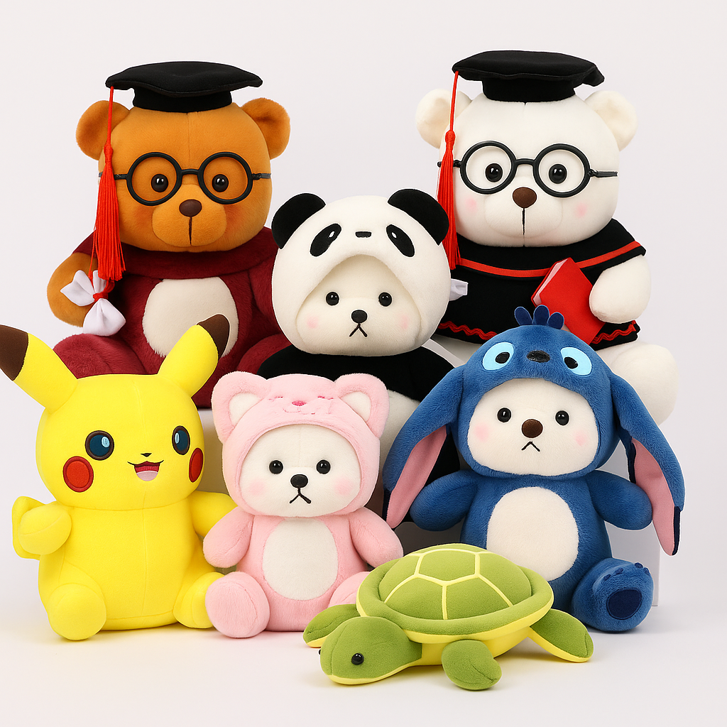 Group photo of cute plush toys including graduation bears, panda plush, bunny hood plush, pink bear plush, Pikachu plush, and a green turtle plush arranged together.