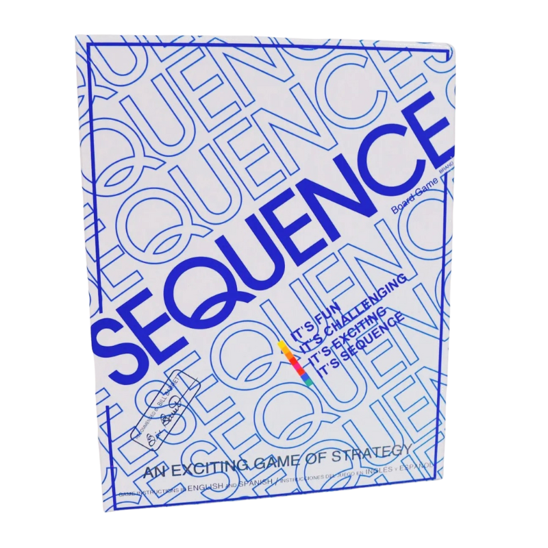 Sequence board game with playing cards, chips, and game board displayed.