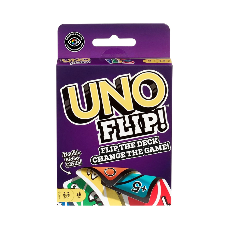 UNO Flip card game double sided deck

UNO Flip family card game box

Colorblind accessible UNO Flip cards

Party card game UNO Flip

BoardBox card games for family night
