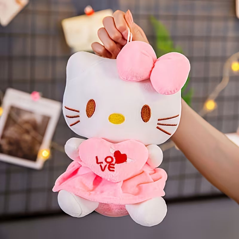 KT plush toy with pink bow

cute pink stuffed doll holding love heart

kawaii KT plush for girls

soft pink plush toy
