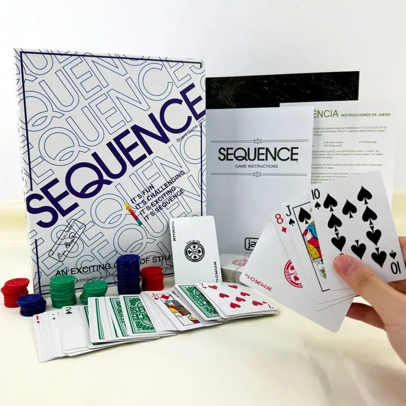 Sequence board game with playing cards, chips, and game board displayed.