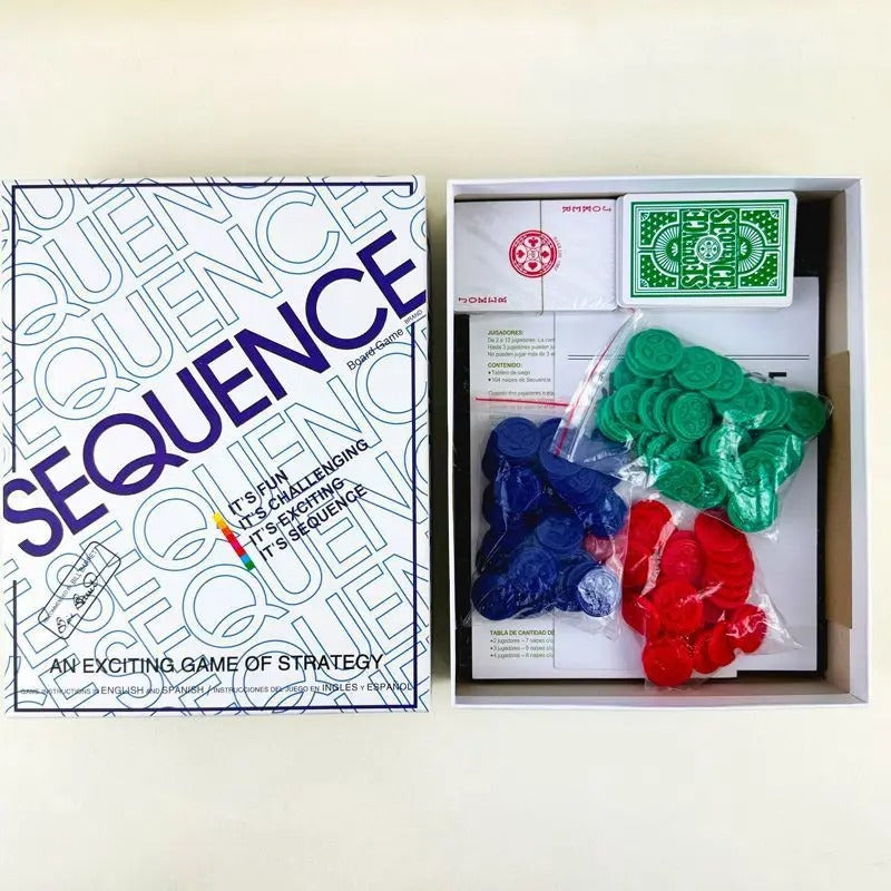 Sequence board game with playing cards, chips, and game board displayed.