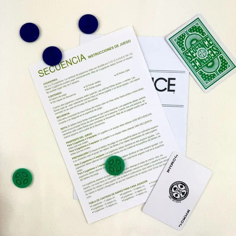 Sequence board game with playing cards, chips, and game board displayed.