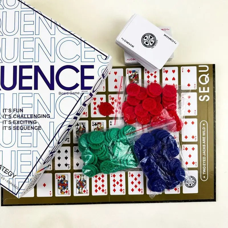 Sequence board game with playing cards, chips, and game board displayed.